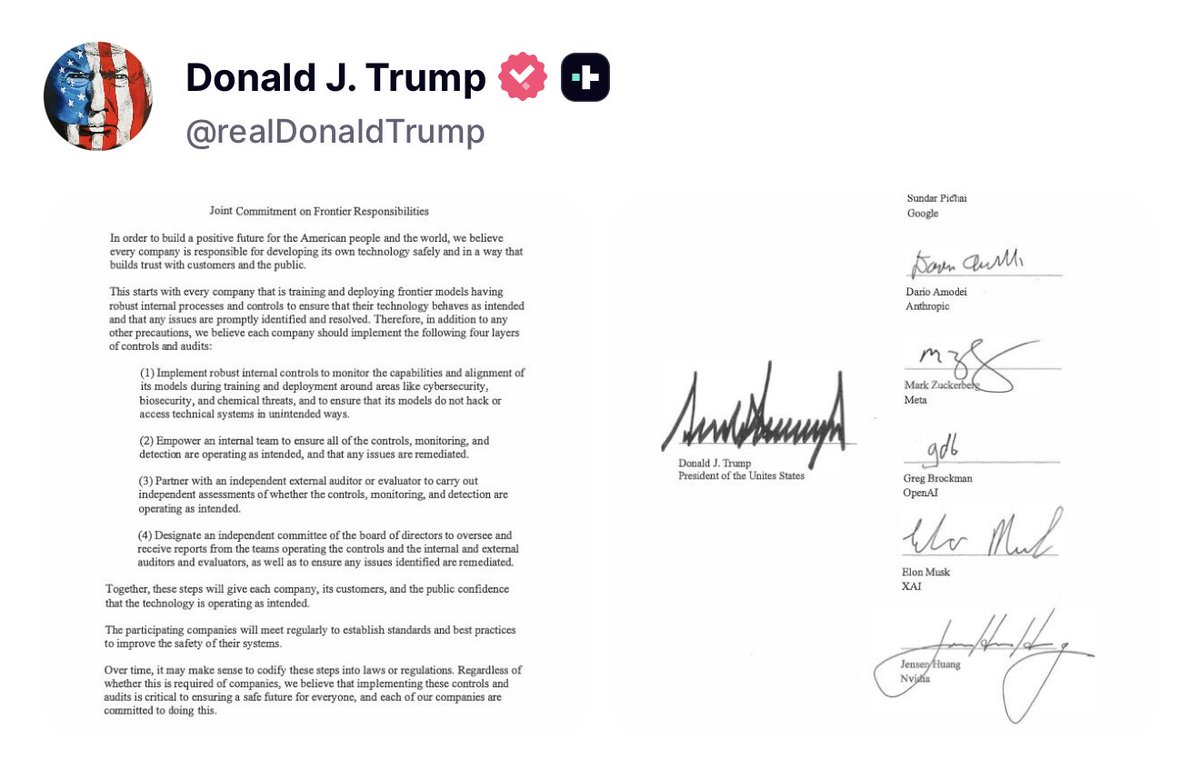 Image shared by Rapid Response 47 showing the Joint Commitment on Frontier Responsibilities and signatures. The text beneath Donald J. Trump's signature reads President of the Unites States.